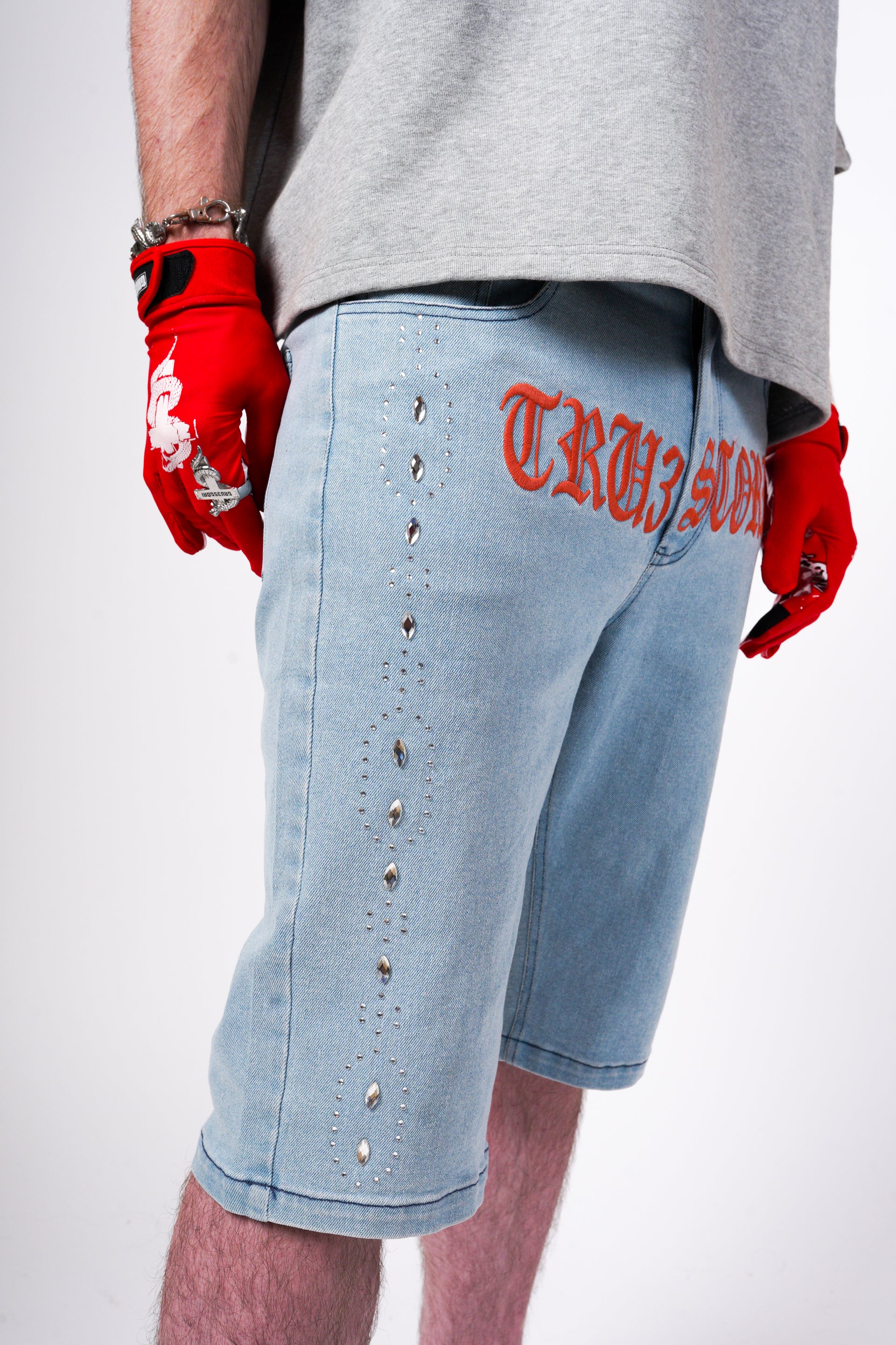Tru3Stori Bling Jean Shorts Red