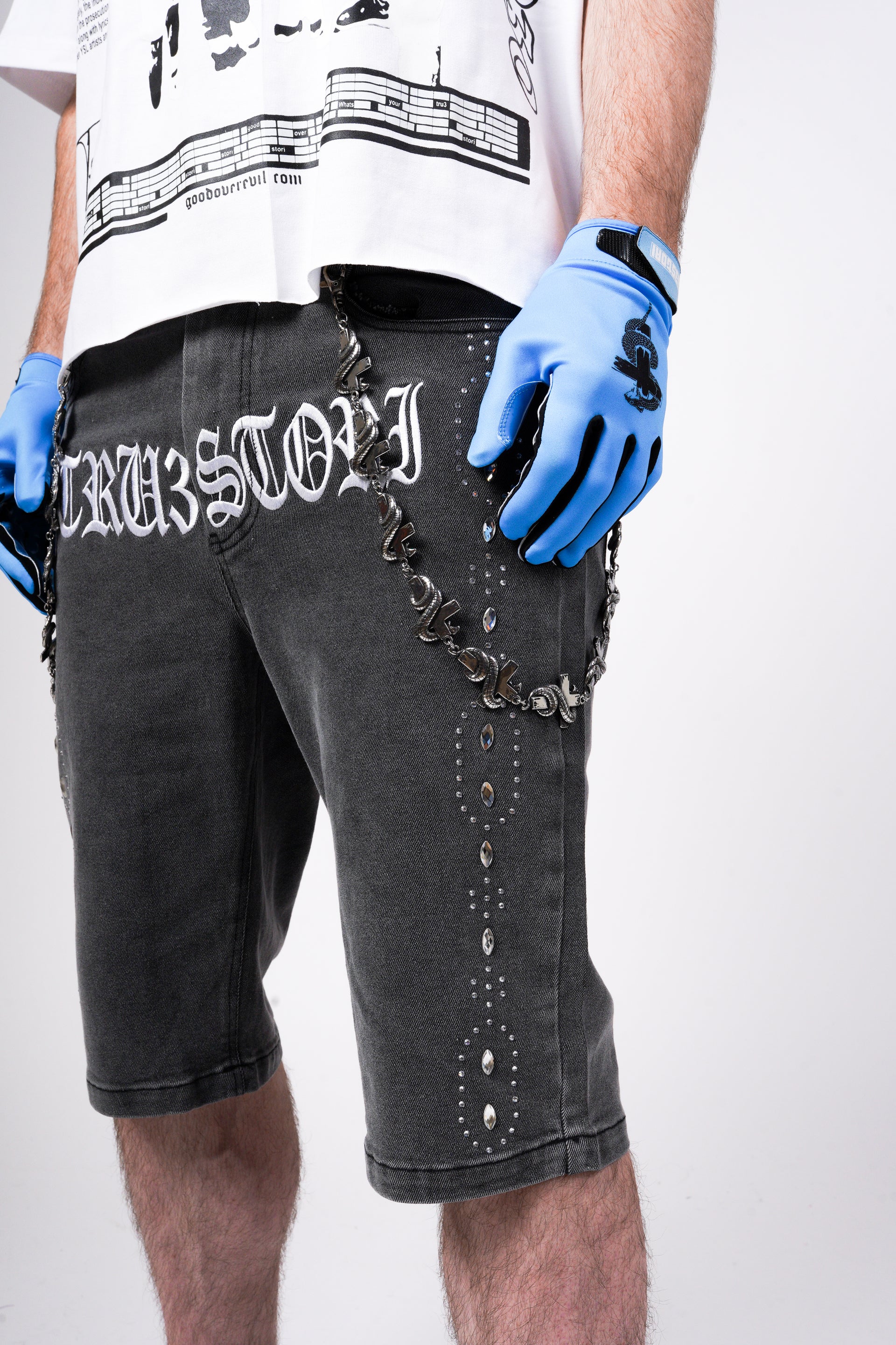 Tru3Stori Bling Jean Shorts Black