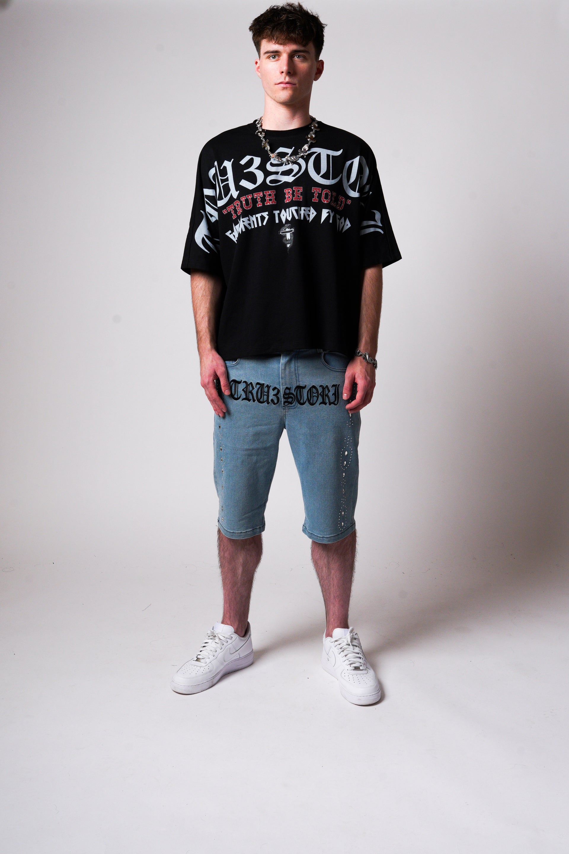 Tru3Stori Bling Blue Jean Shorts With Black Writing