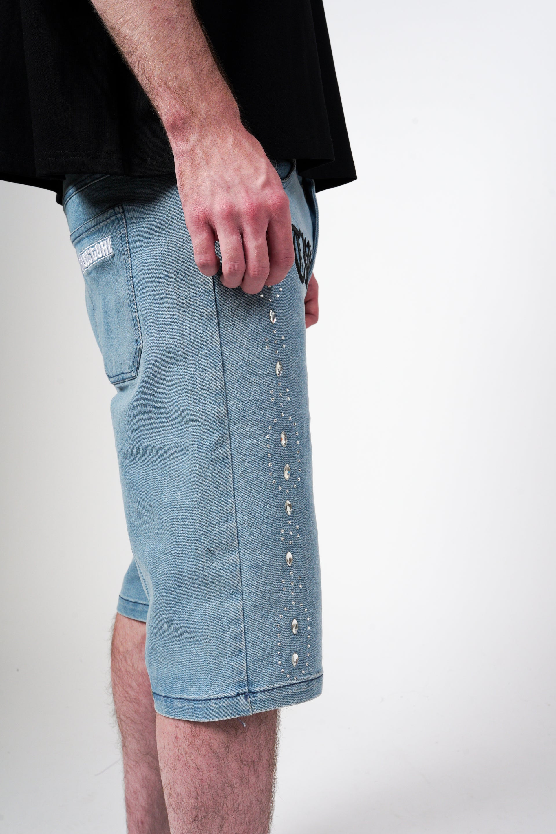 Tru3Stori Bling Blue Jean Shorts With Black Writing