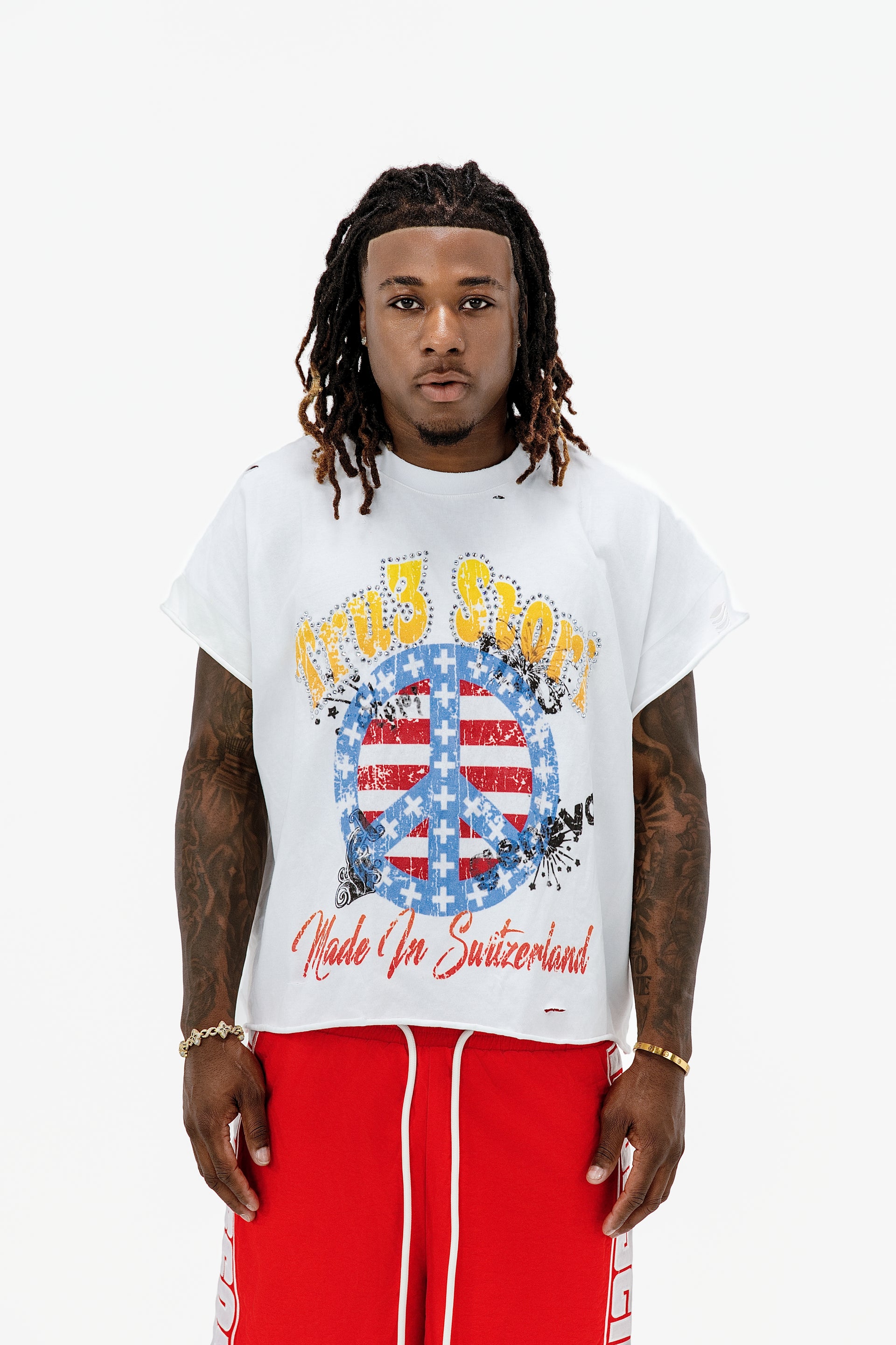 Peace Cut Off Tee White With Stones